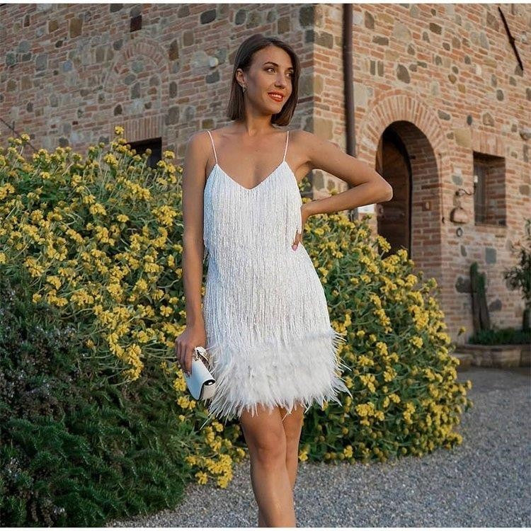 Women's Party Dress | Sequin Fringe Feather Trim