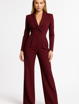 Women's Jumpsuit | Tailored Deep V-Neck Long Sleeve Wide Leg