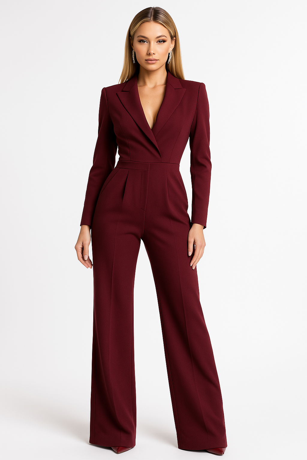 Women's Jumpsuit | Tailored Deep V-Neck Long Sleeve Wide Leg