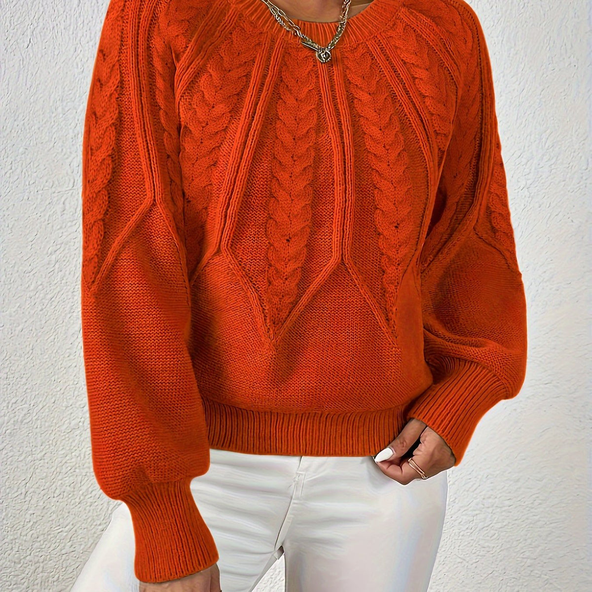 Women's Jumper | Cable Knit Balloon Sleeve Crew Neck