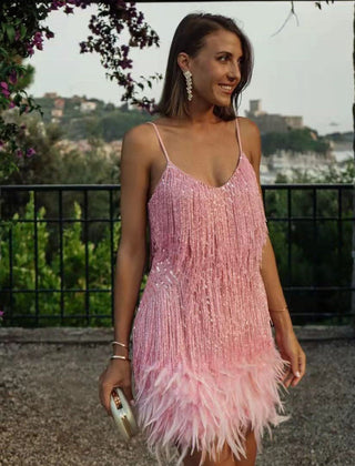 Women's Party Dress | Sequin Fringe Feather Trim