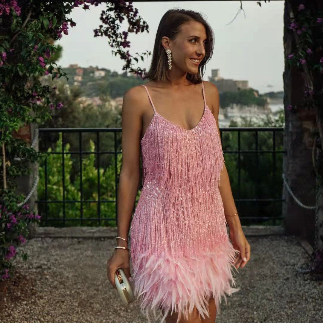 Women's Party Dress | Sequin Fringe Feather Trim