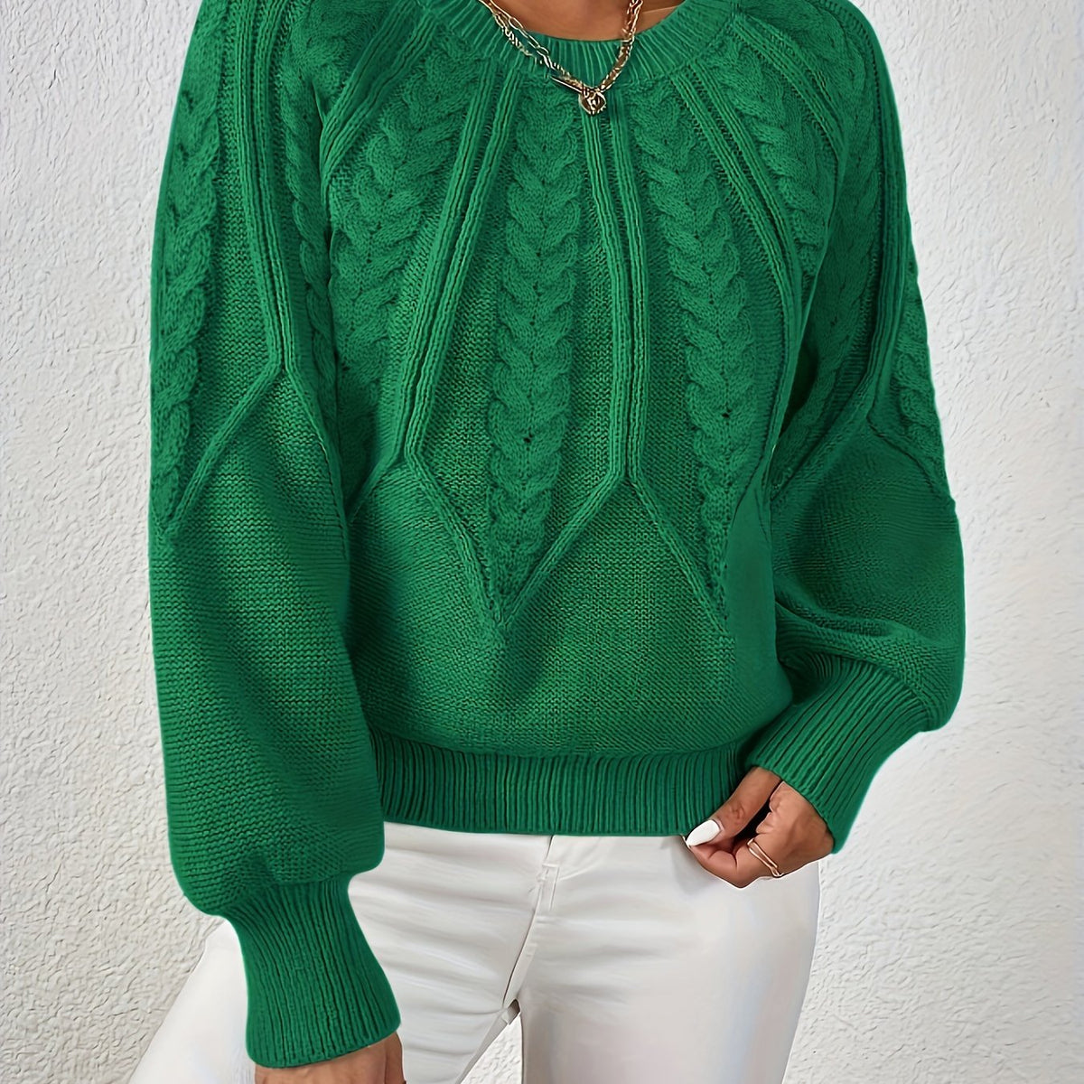 Women's Jumper | Cable Knit Balloon Sleeve Crew Neck
