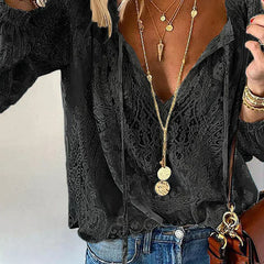 Women's Blouse | Lace Trim Split Neck Tie