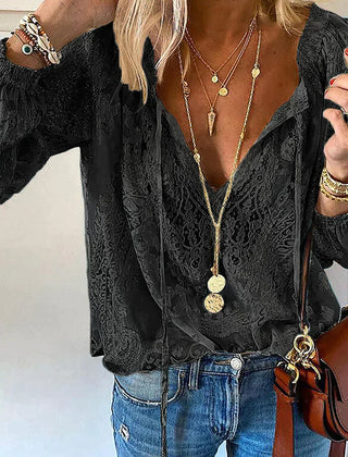 Women's Blouse | Lace Trim Split Neck Tie