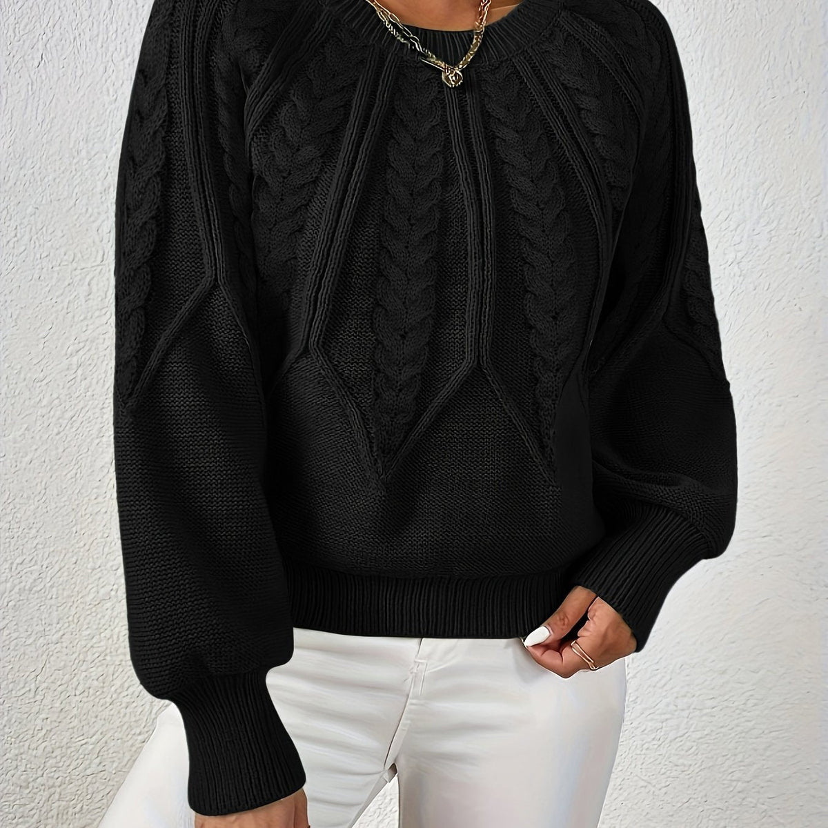 Women's Jumper | Cable Knit Balloon Sleeve Crew Neck