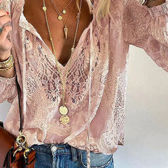 Women's Blouse | Lace Trim Split Neck Tie
