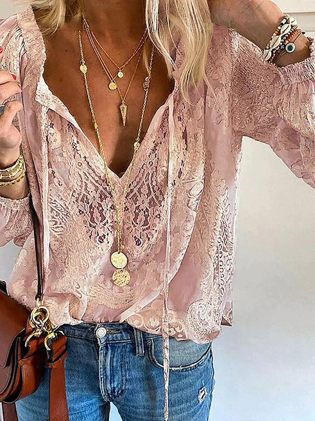 Women's Blouse | Lace Trim Split Neck Tie