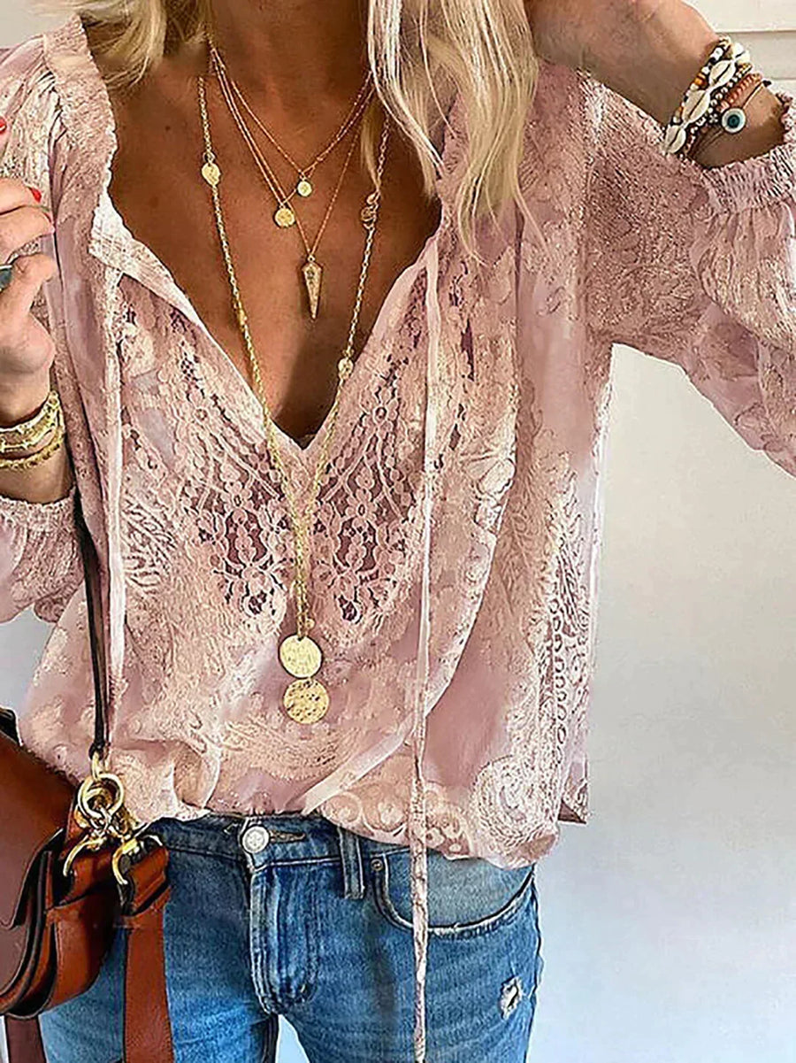 Women's Blouse | Lace Trim Split Neck Tie