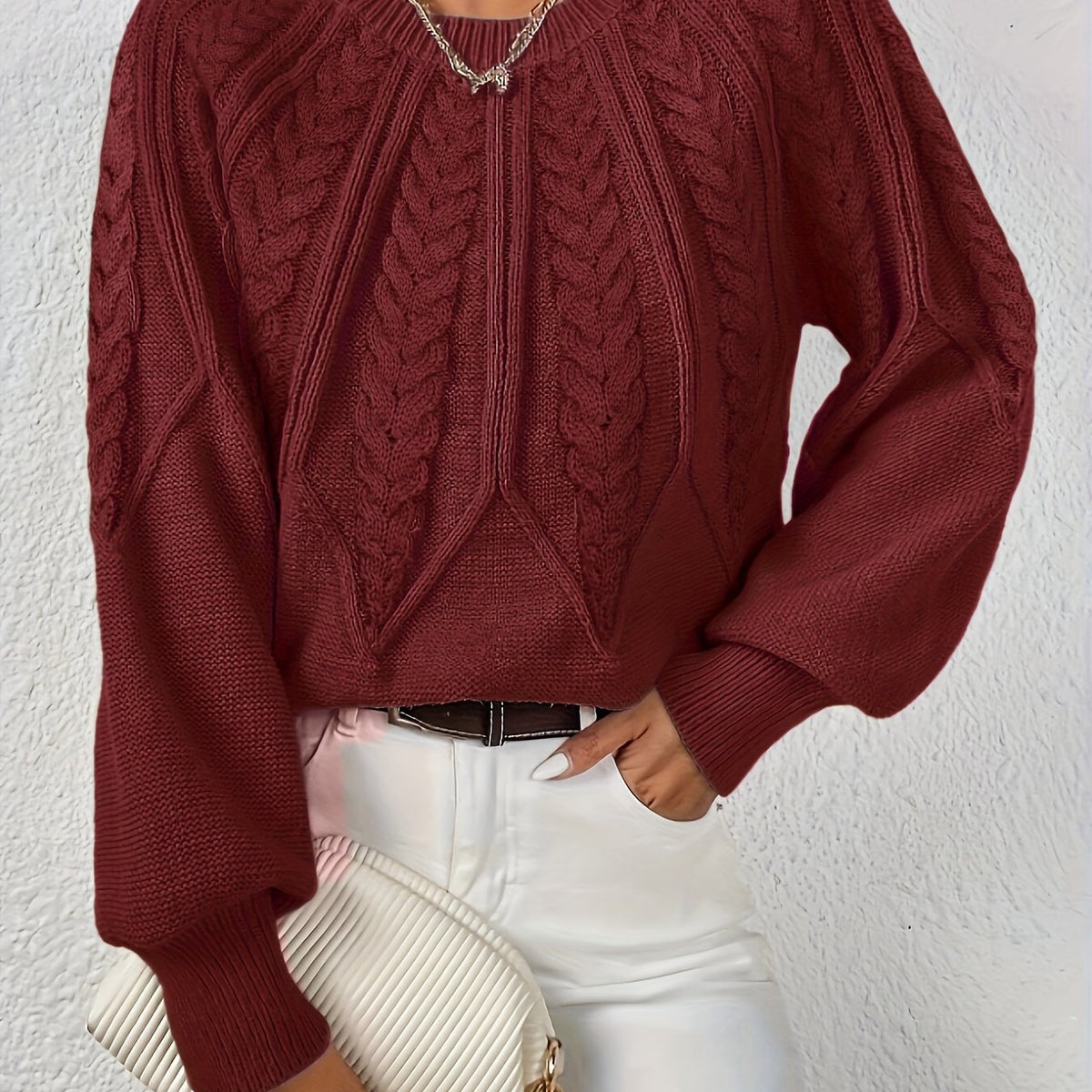 Women's Jumper | Cable Knit Balloon Sleeve Crew Neck
