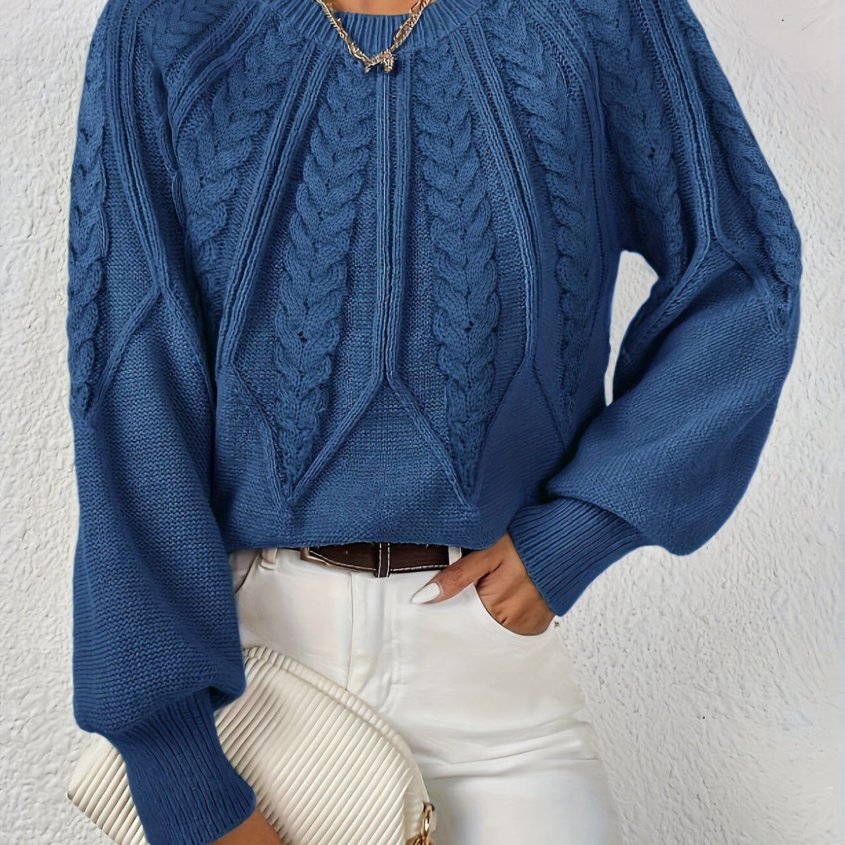 Women's Jumper | Cable Knit Balloon Sleeve Crew Neck