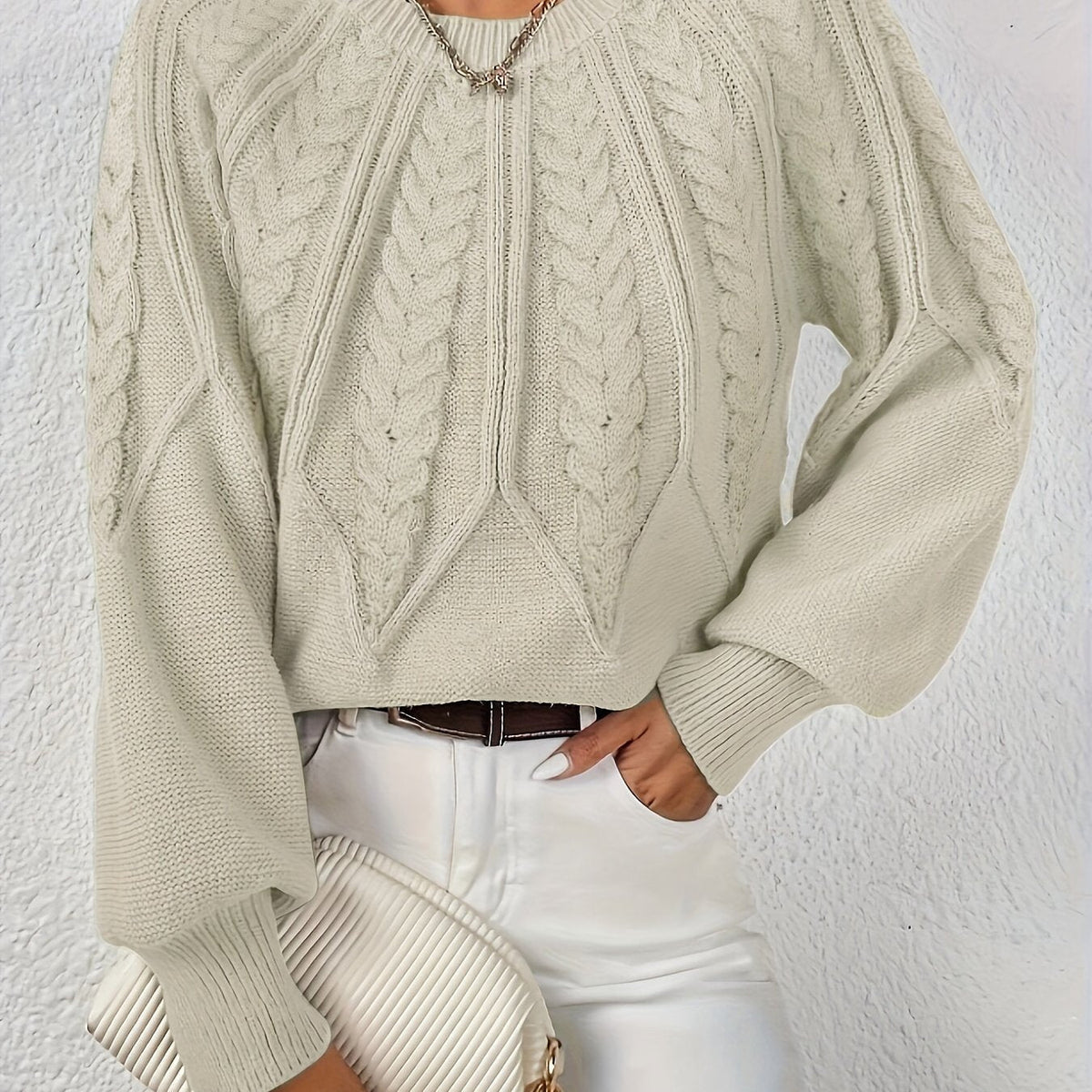 Women's Jumper | Cable Knit Balloon Sleeve Crew Neck