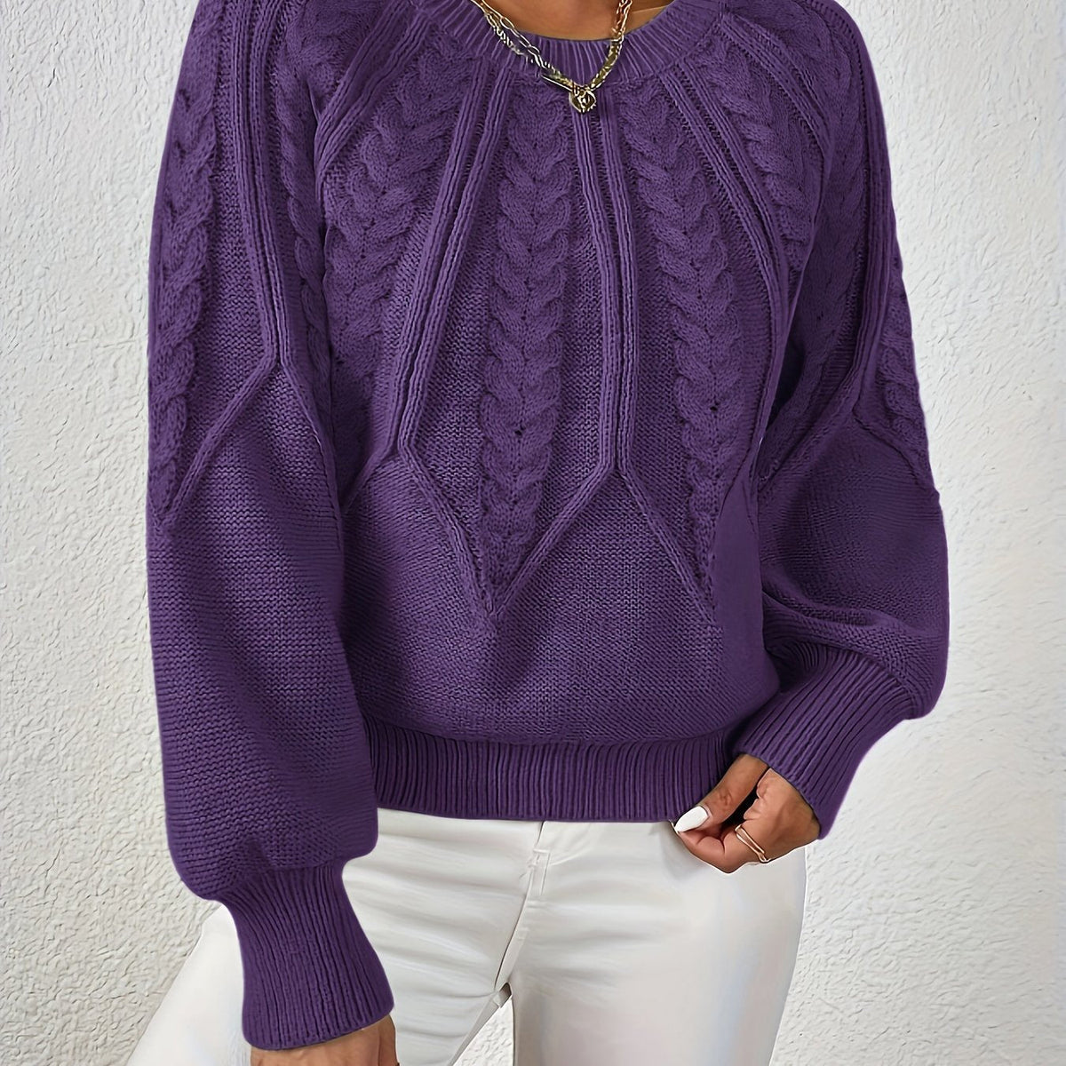 Women's Jumper | Cable Knit Balloon Sleeve Crew Neck