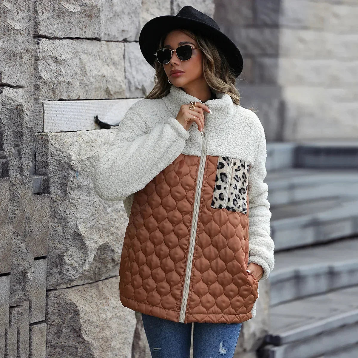 Women's Sherpa Jacket | Colour Block Quilted Zip Front