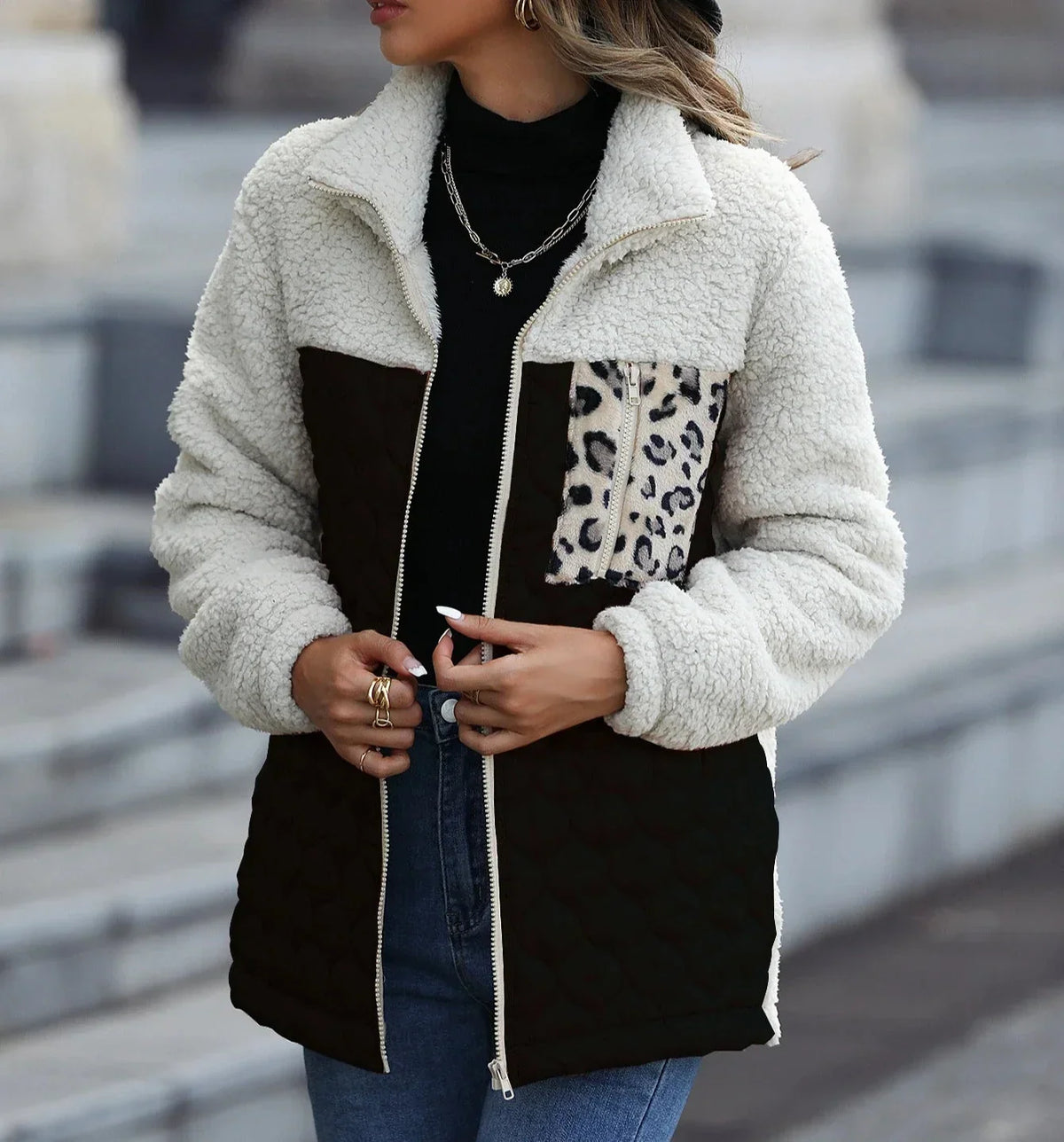 Women's Sherpa Jacket | Colour Block Quilted Zip Front