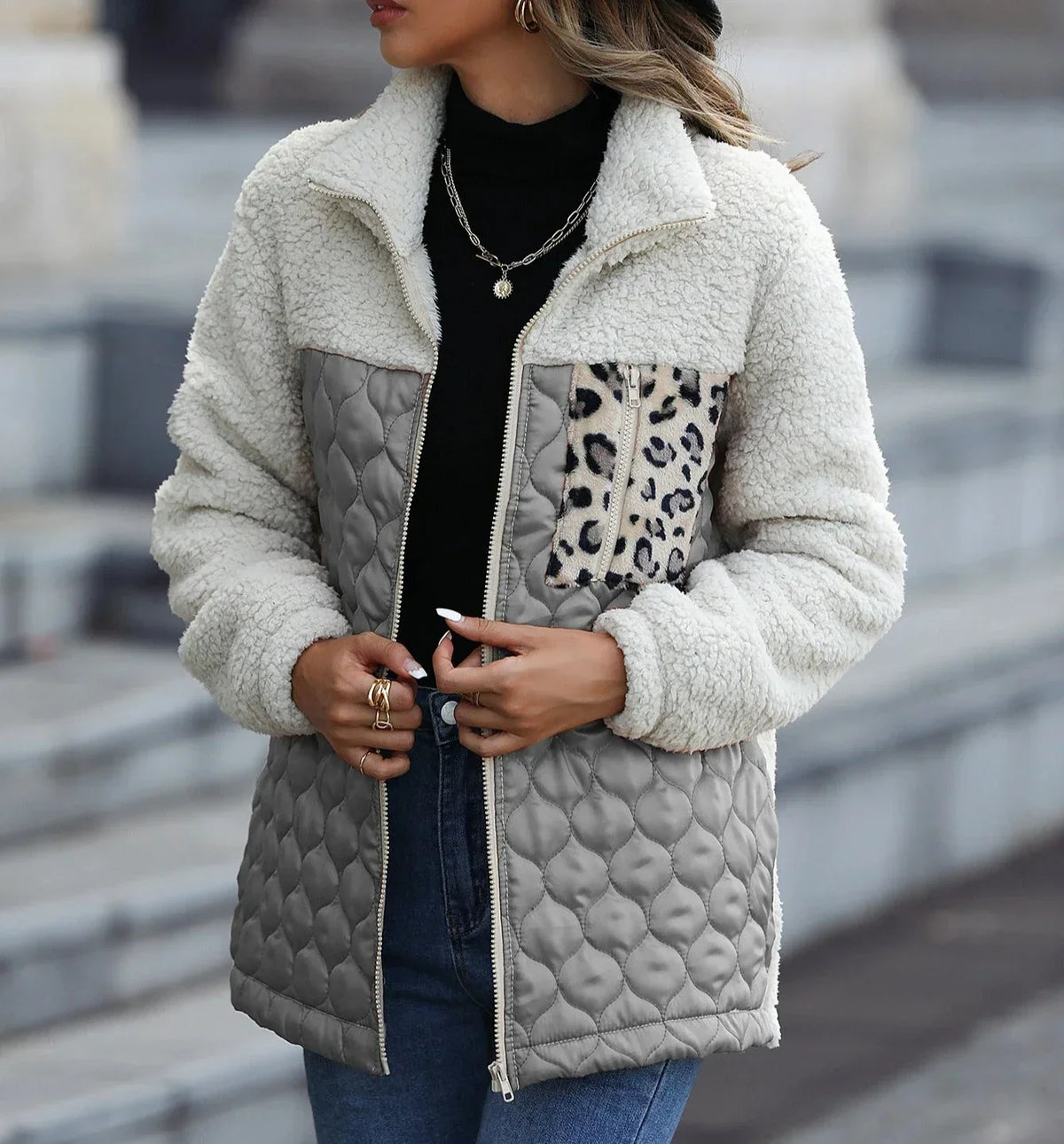 Women's Sherpa Jacket | Colour Block Quilted Zip Front
