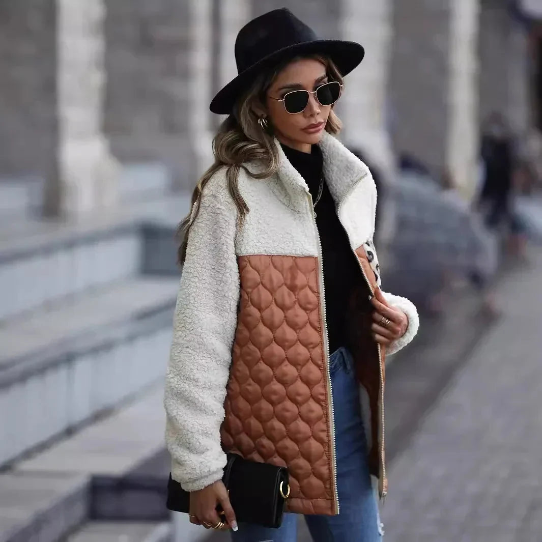Women's Sherpa Jacket | Colour Block Quilted Zip Front