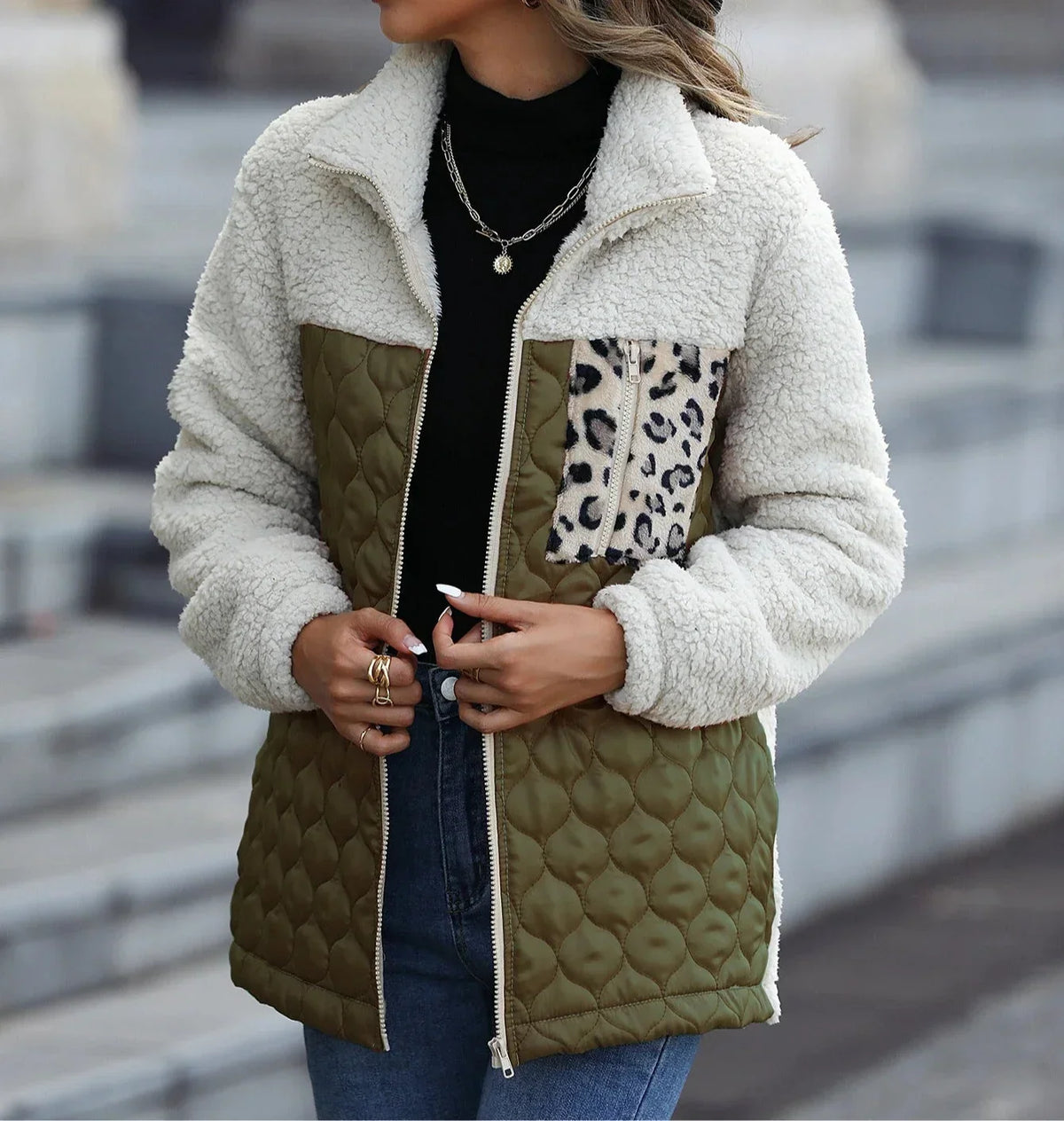 Women's Sherpa Jacket | Colour Block Quilted Zip Front