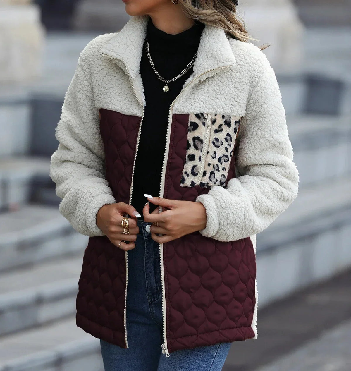 Women's Sherpa Jacket | Colour Block Quilted Zip Front