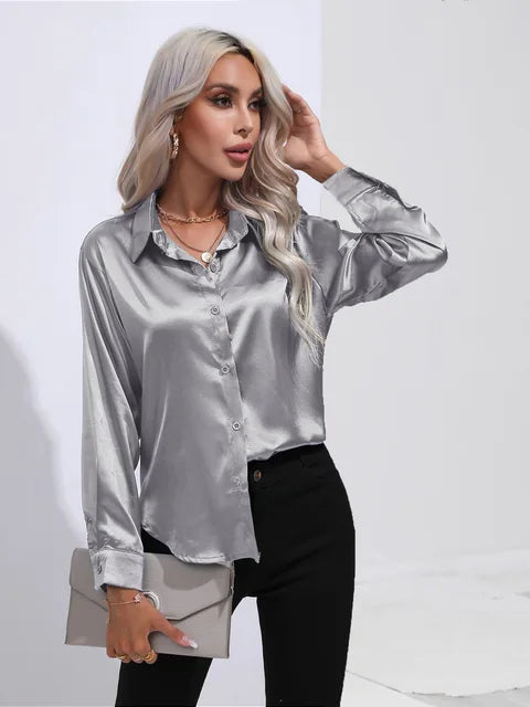 Women's Blouse | Satin Tie Front Collared Long Sleeve