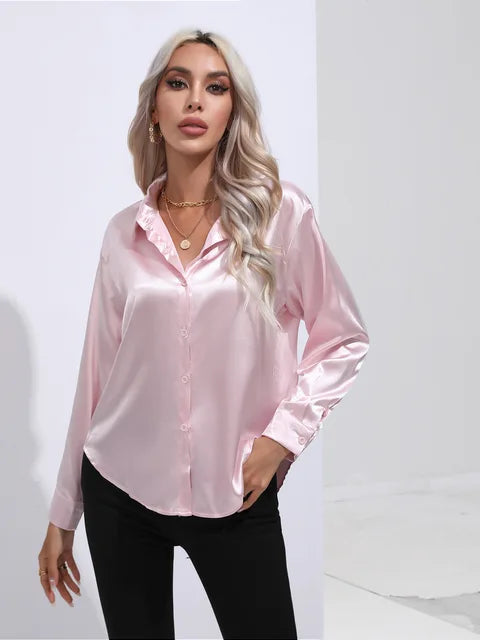Women's Blouse | Satin Tie Front Collared Long Sleeve
