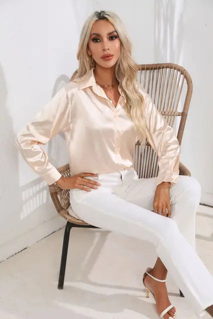 Women's Blouse | Satin Tie Front Collared Long Sleeve