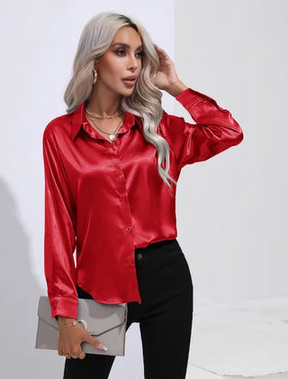 Women's Blouse | Satin Tie Front Collared Long Sleeve