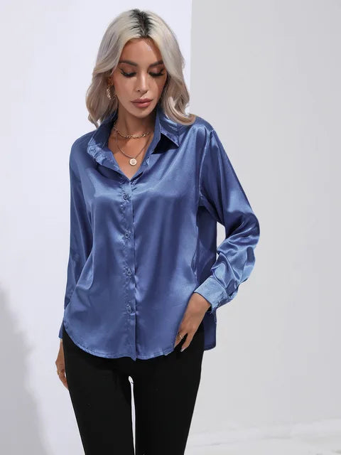 Women's Blouse | Satin Tie Front Collared Long Sleeve