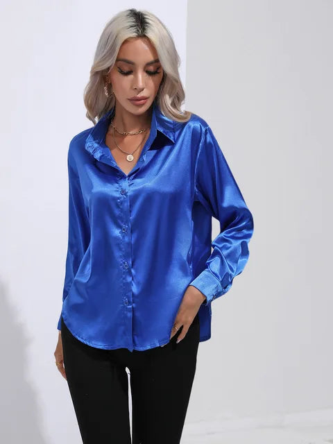 Women's Blouse | Satin Tie Front Collared Long Sleeve