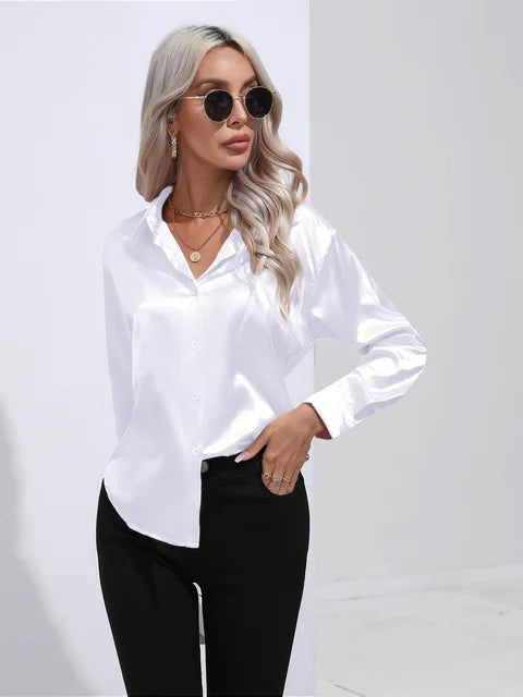Women's Blouse | Satin Tie Front Collared Long Sleeve