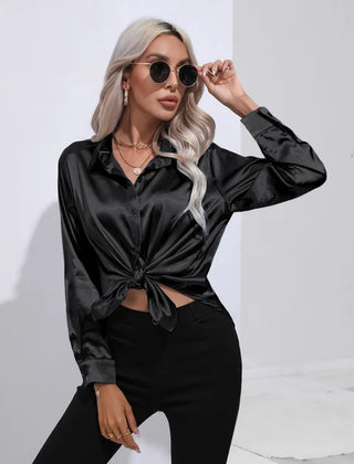 Women's Blouse | Satin Tie Front Collared Long Sleeve
