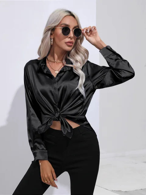 Women's Blouse | Satin Tie Front Collared Long Sleeve