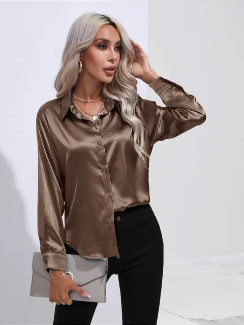Women's Blouse | Satin Tie Front Collared Long Sleeve