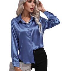 Women's Blouse | Satin Tie Front Collared Long Sleeve