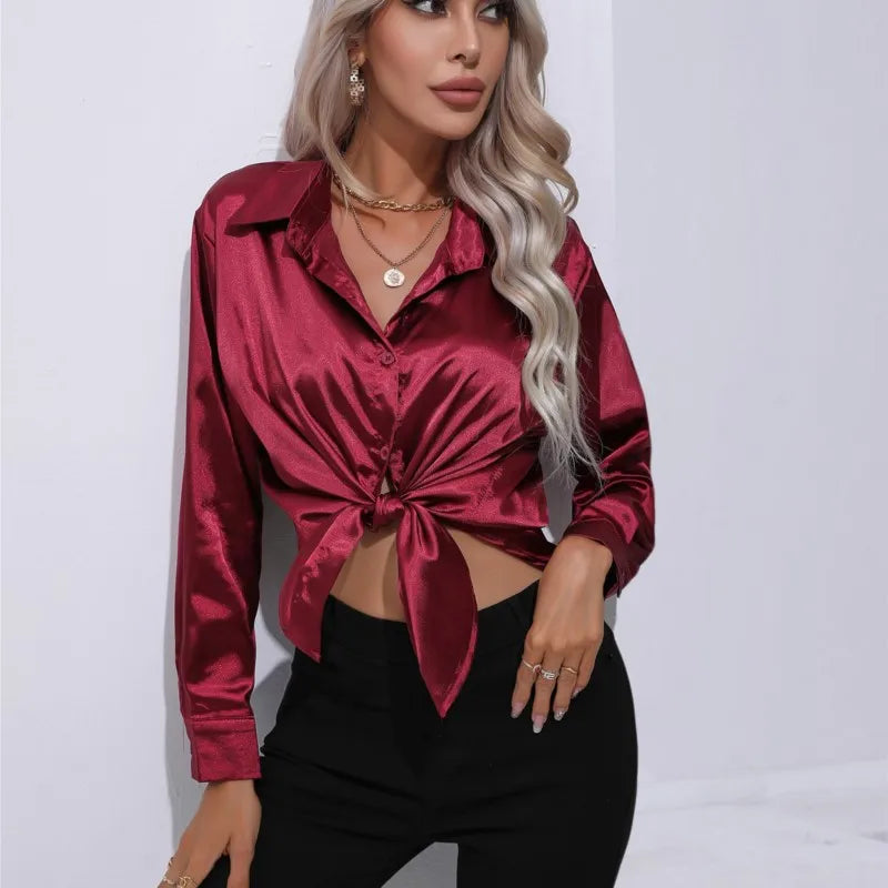 Women's Blouse | Satin Tie Front Collared Long Sleeve