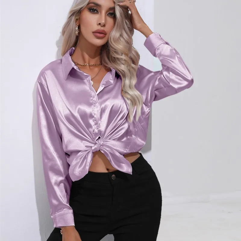 Women's Blouse | Satin Tie Front Collared Long Sleeve