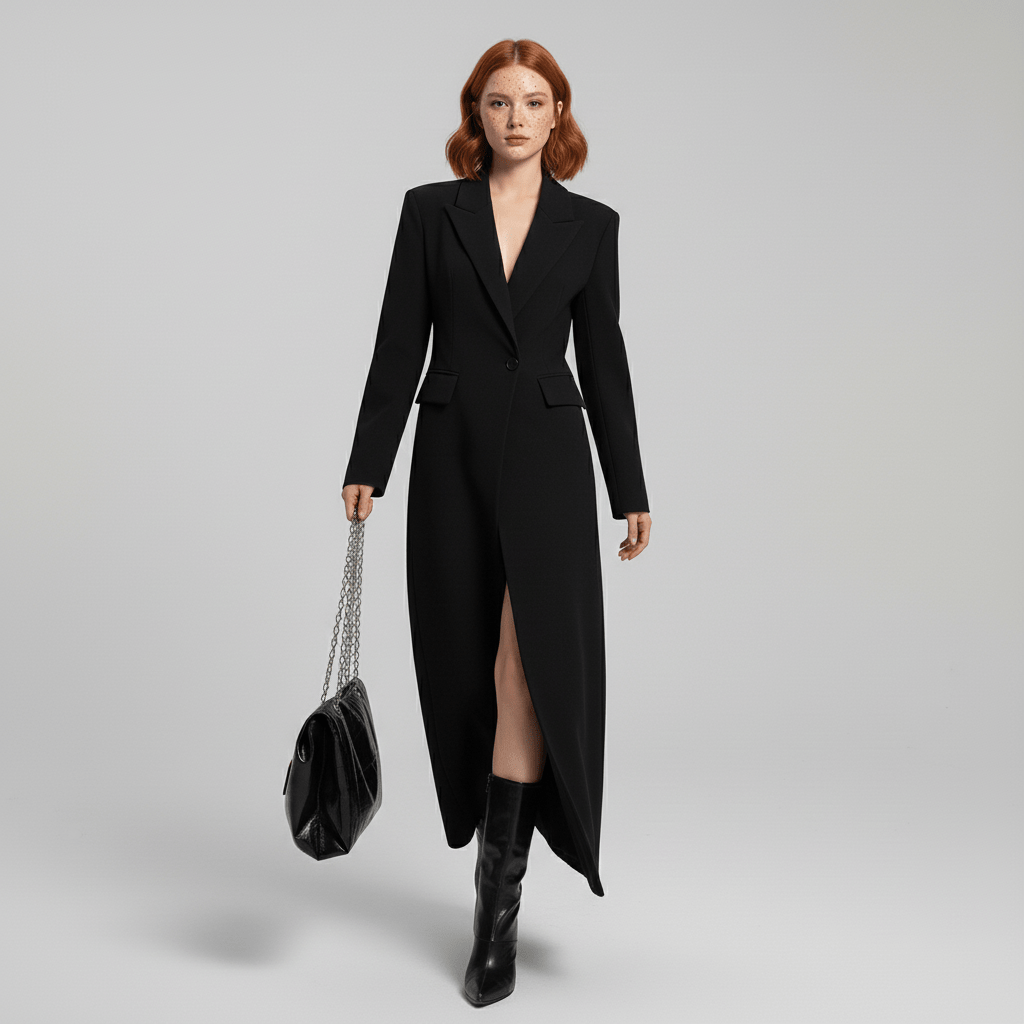 Women's Long Coat | Structured Shoulder Fitted