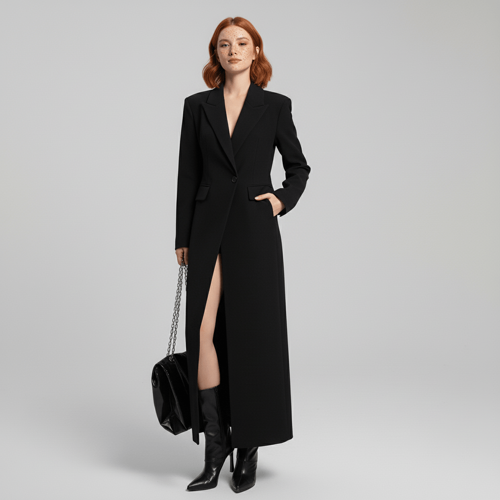 Women's Long Coat | Structured Shoulder Fitted