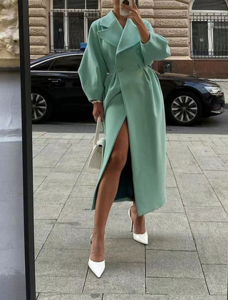Women's Wool Coat | Double Breasted Wide Lapel Longline