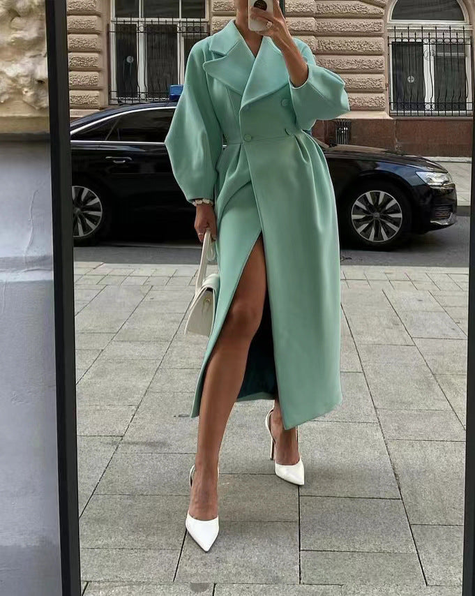 Women's Wool Coat | Double Breasted Wide Lapel Longline