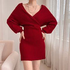 Women's Knit Dress | Ribbed Off Shoulder V-Neck Mini