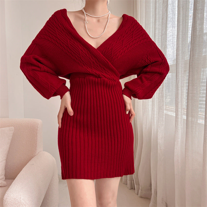 Women's Knit Dress | Ribbed Off Shoulder V-Neck Mini