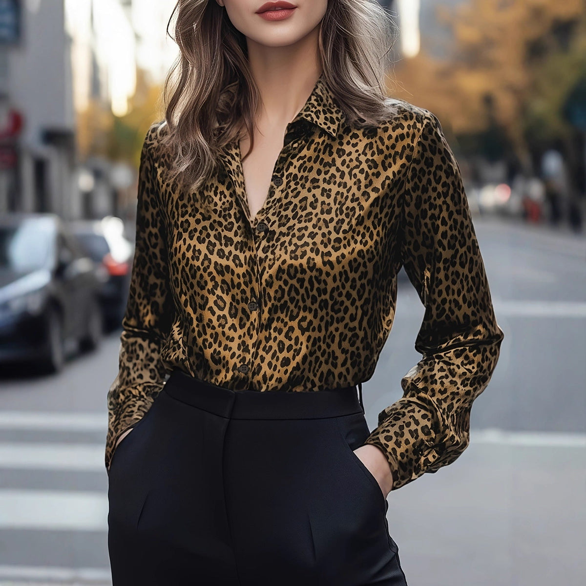 Women's Blouse | Leopard Print Satin V-Neck