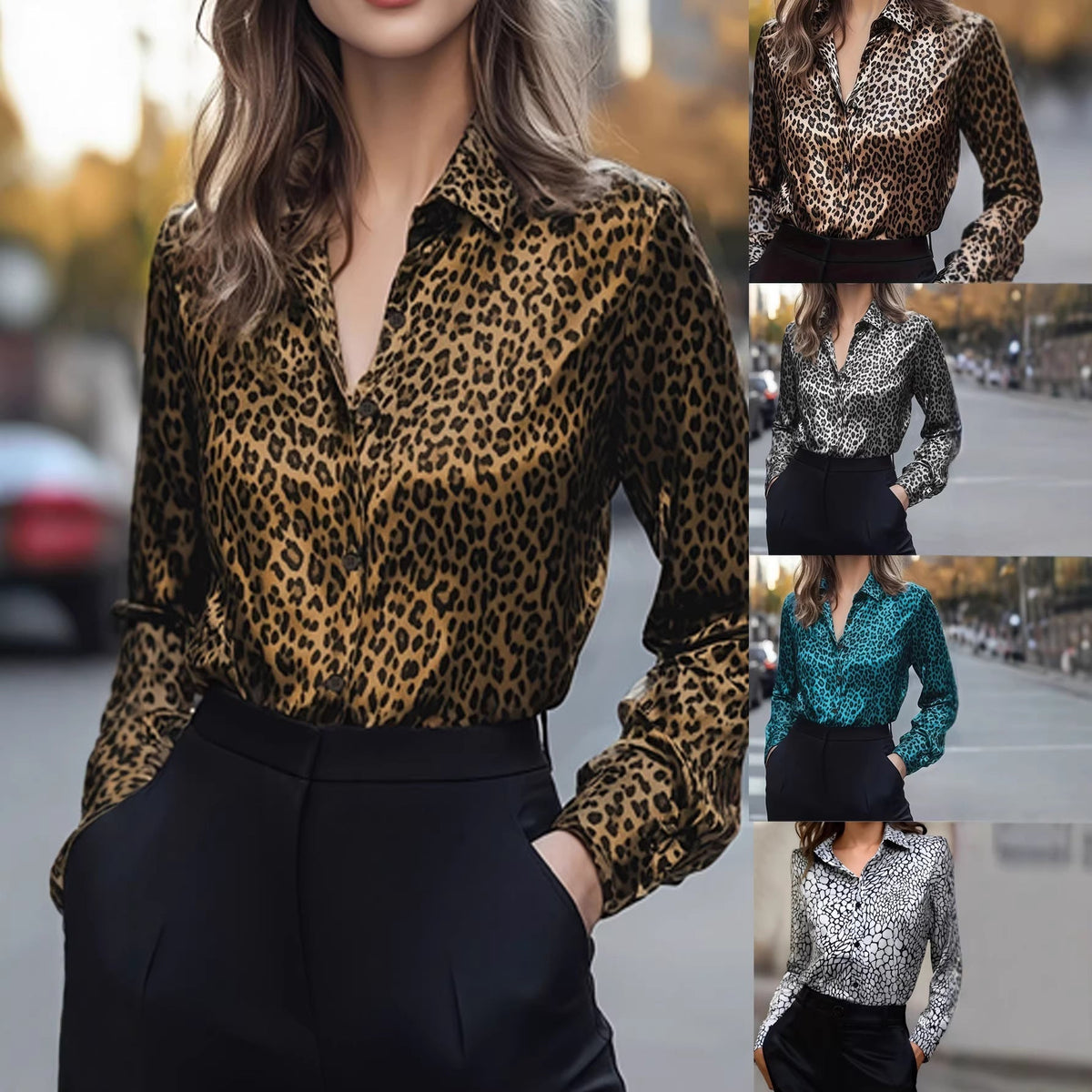 Women's Blouse | Leopard Print Satin V-Neck