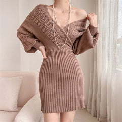 Women's Knit Dress | Ribbed Off Shoulder V-Neck Mini