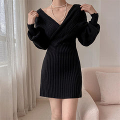 Women's Knit Dress | Ribbed Off Shoulder V-Neck Mini