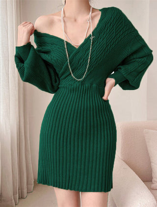 Women's Knit Dress | Ribbed Off Shoulder V-Neck Mini