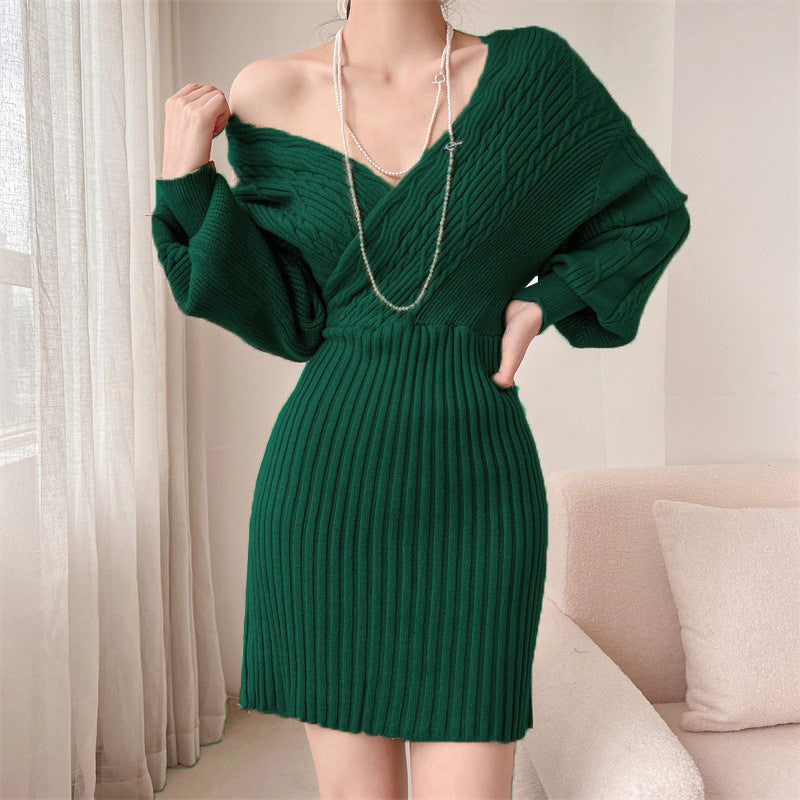 Women's Knit Dress | Ribbed Off Shoulder V-Neck Mini