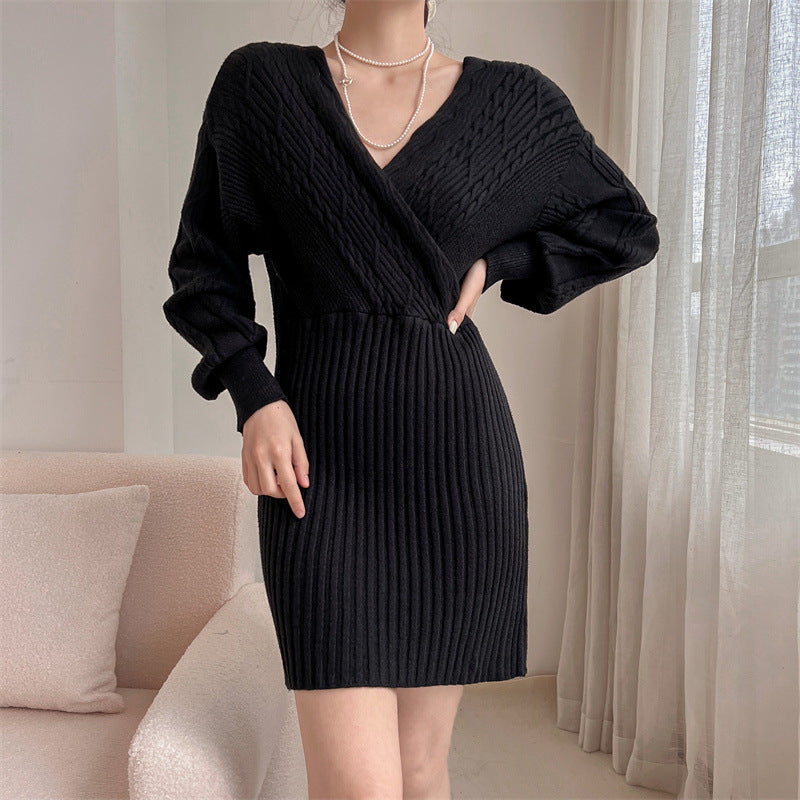 Women's Knit Dress | Ribbed Off Shoulder V-Neck Mini