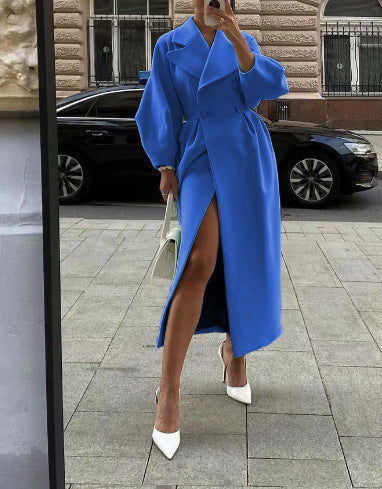 Women's Wool Coat | Double Breasted Wide Lapel Longline
